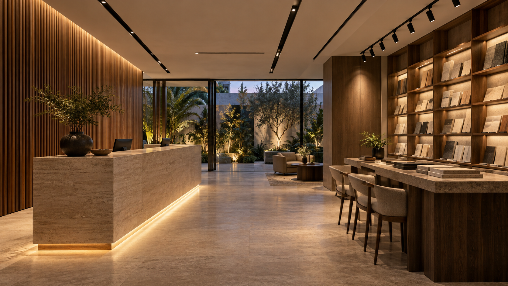 Lighting for Interior Designers & Contractors AI-generated commercial studio concept with track lights and illuminated material displays