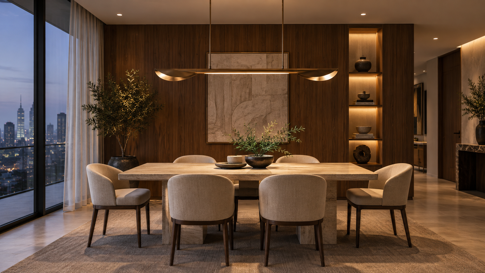 Lighting for Interior Designers & Contractors AI-generated dining room concept with a decorative bronze pendant